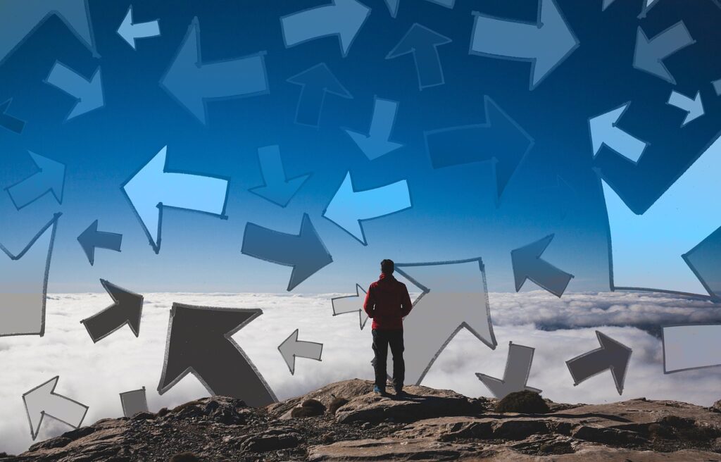 arrows, man, summit, climax, career, lots, direction, right, left, straight, circle, recycling, path, different, seek, clutter, order, chaos, chaos, chaos, chaos, chaos, chaos