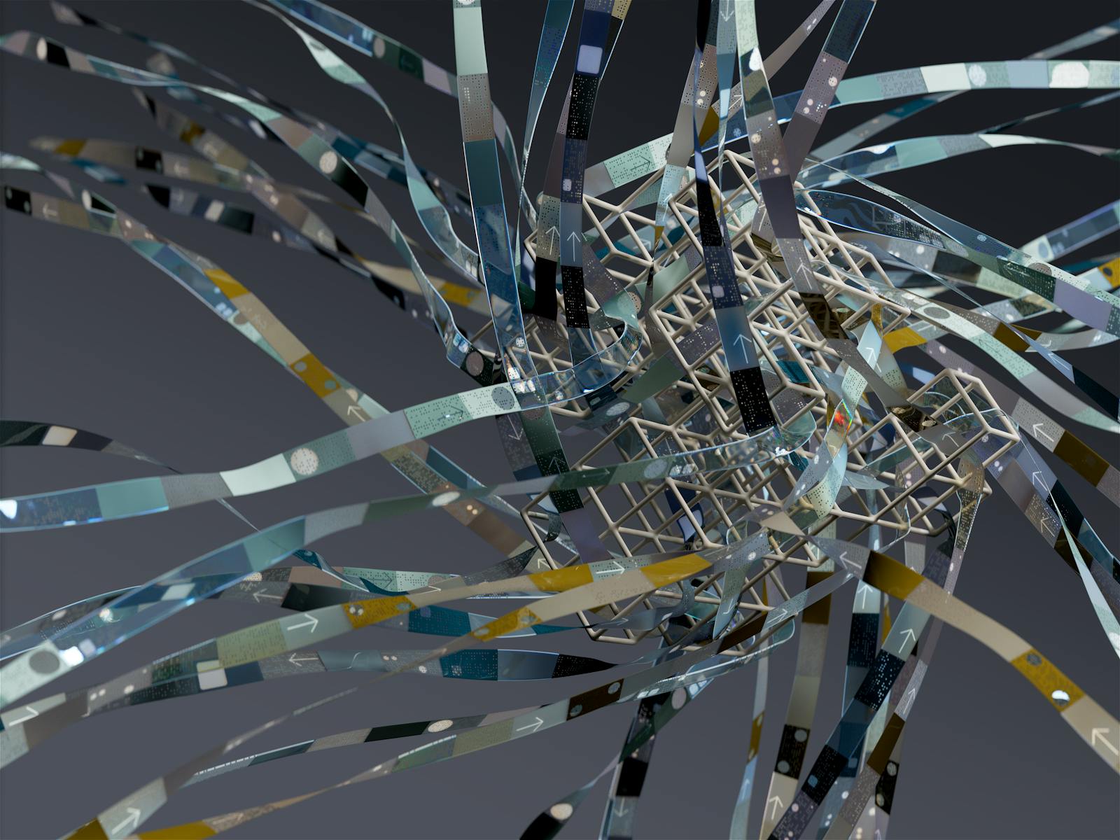 Art therapy Intricate wireframe with dynamic ribbons in an abstract 3D composition.