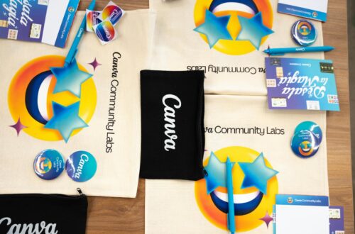 Optimize brand kits in Canva for low energy visuals 2026:Flat lay of Canva Community Labs merchandise with vibrant design and branding elements.